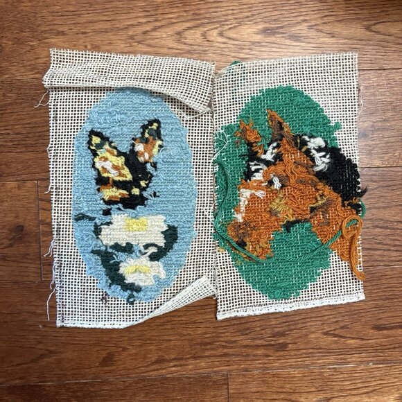 Vintage Needlepoint Horse, Flower & Butterfly Completed Unframed Lot Of 2 8" - Picture 3 of 5